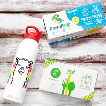 Earth Day Reusable Water Bottle Compostable Utensils Green Polly trash bags